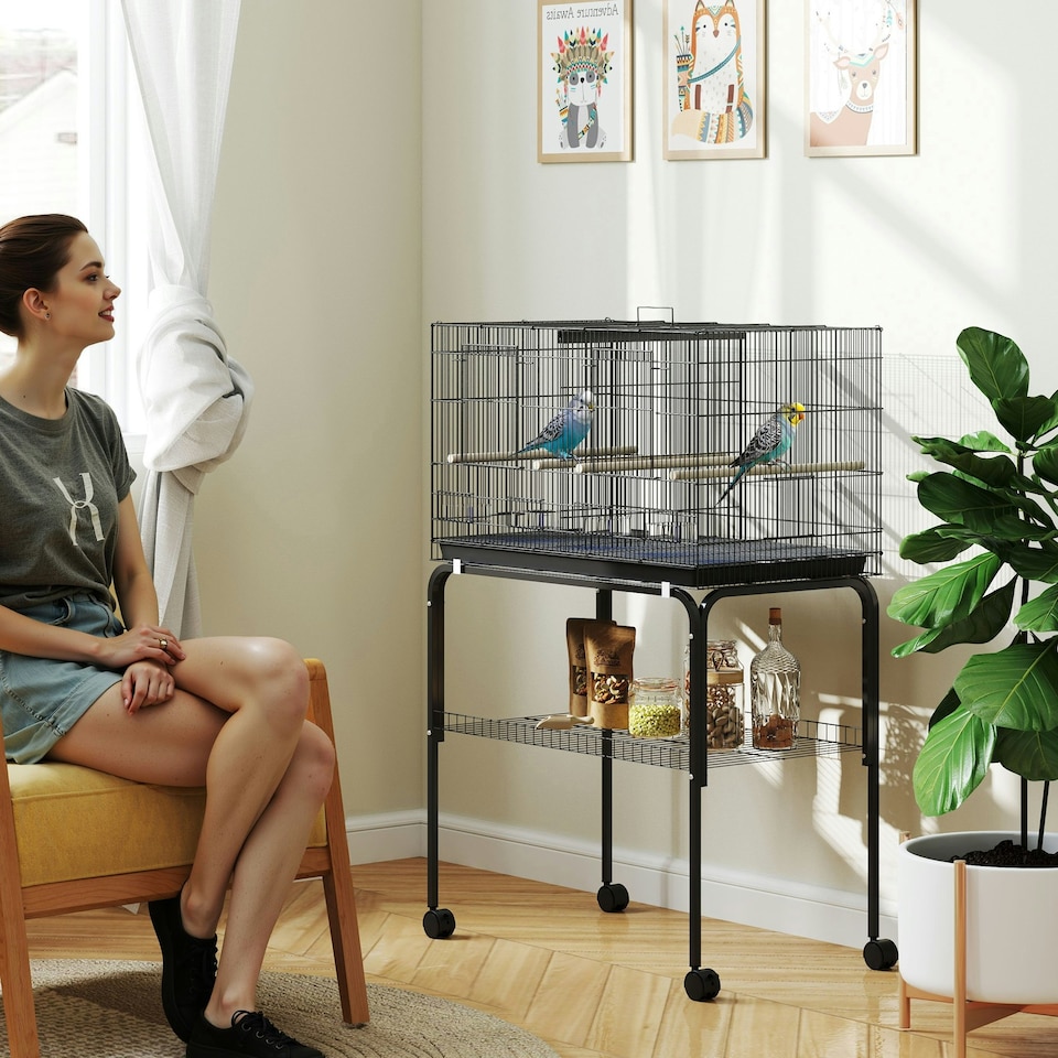 image 1 of PawHut Bird Cage with Divider, 4 Wooden Perches, Slide Out Tray, Black