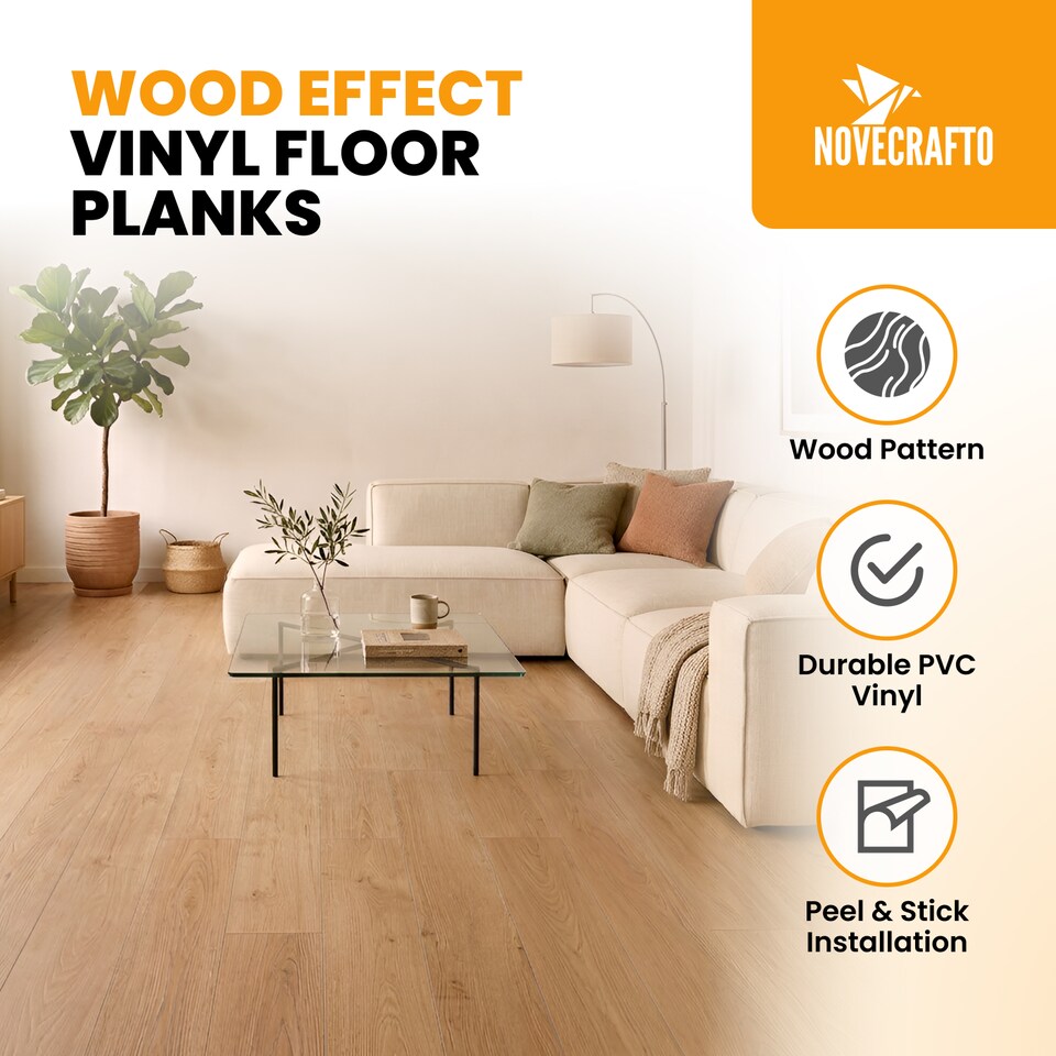 image 1 of Self Adhesive Floor Planks | 5.9x35.9in (91.4x15.2cm) Each | Peel & Stick Vinyl Flooring | Beige Wood Effect | Easy DIY | Stick On Tile Planks | Brown | 4.17 sqm