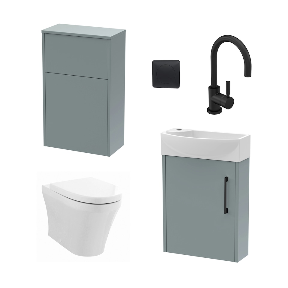 image 1 of Power Cloakroom Bundle - Right Wall Hung Vanity Unit, Concealed Cistern WC Unit, Toilet & Tap, 440mm - Grey/Black - Balterley Brown