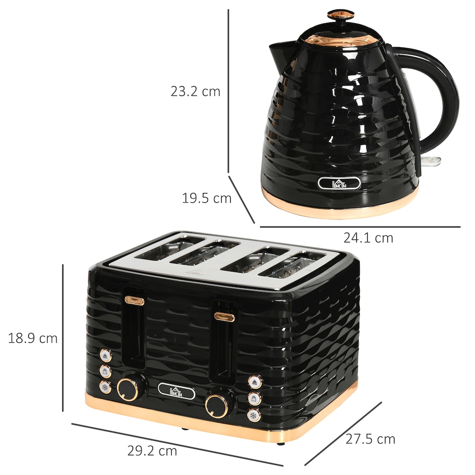 image 1 of HOMCOM Kettle and Toaster Sets, 3000W 1.7L Rapid Boil Kettle & 4 Slice Toaster with 7 Browning Controls, Defrost, Reheat and Crumb Tray, UK Otter thermostat, Black