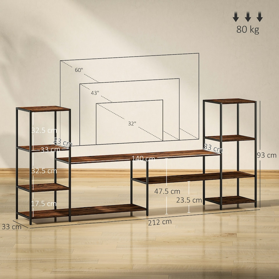 image 1 of HOMCOM TV Unit for TVs up to 60 Inches, Industrial TV Stand with Shelves | Brown | One Size | 1