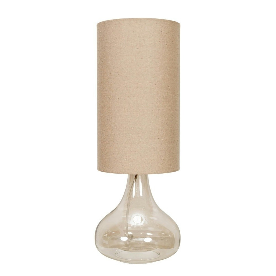 image 1 of ValueLights Sylvie Natural Linen Tall Lamp Shade Amber Glass Squat Table Lamp with LED Bulb Clear