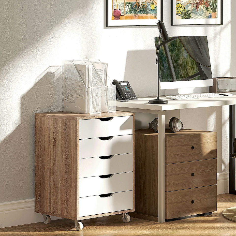 image 1 of Vinsetto Mobile Filing Cabinet, 5-drawer File Cabinet with Wheels, Oak