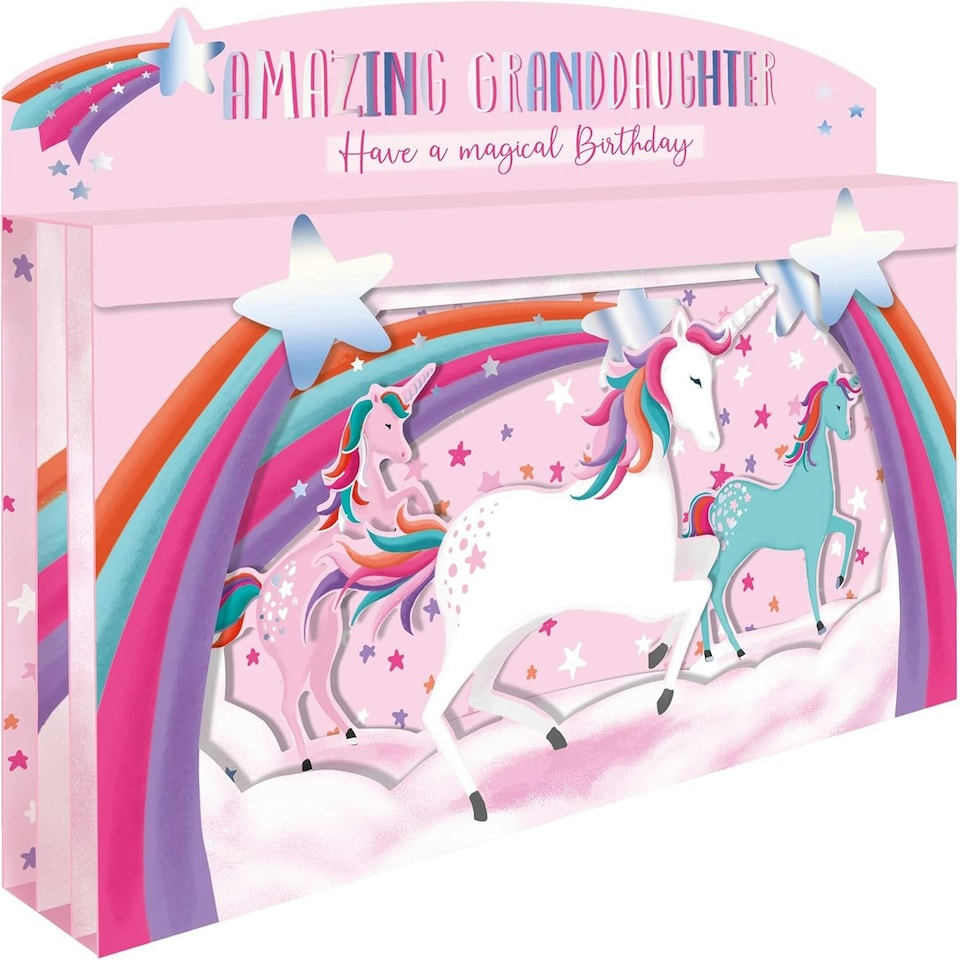 image 1 of Spectacular 3D Unicorn & Rainbows Granddaughter Birthday Card