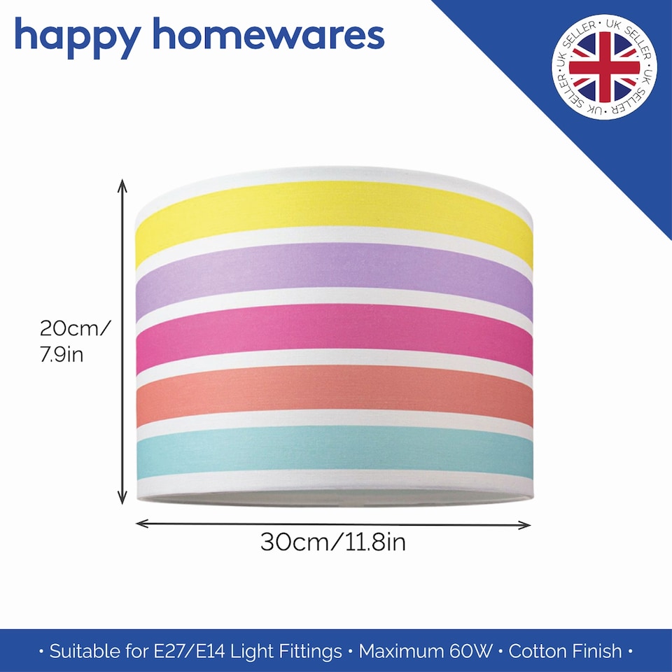 image 1 of Modern and Cute Multi Coloured Rainbow Stripe Cotton Fabric Lamp Shade - 12 | Multi | 12"