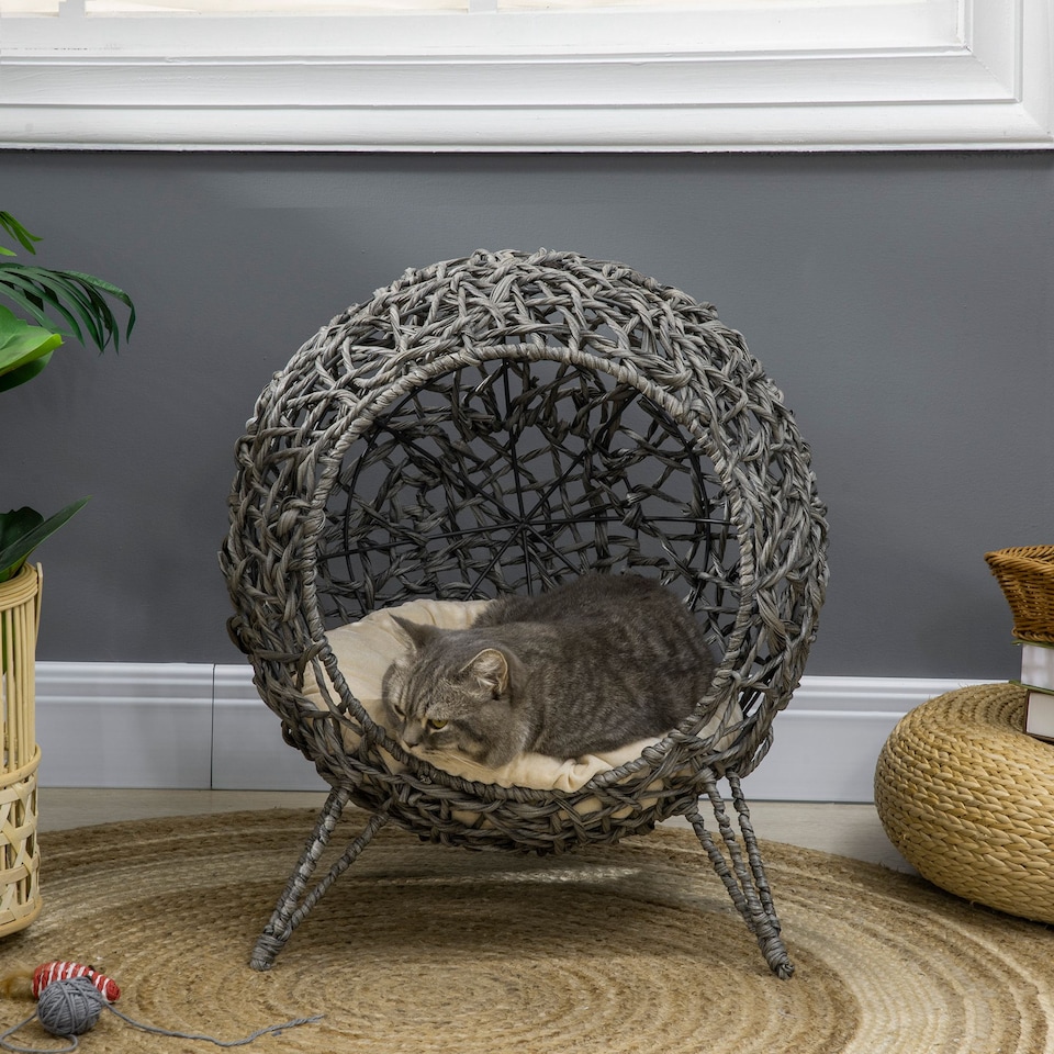 image 1 of PawHut Rattan Elevated Cat House Kitten Bed Pet Furniture w/ Cushion Grey