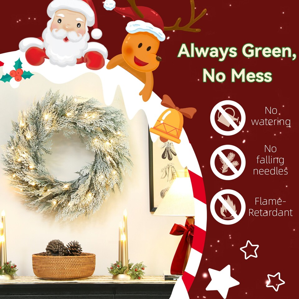 image 1 of HOMCOM 60 cm Prelit Christmas Wreath, Flocked Front Door Wreath with Timer