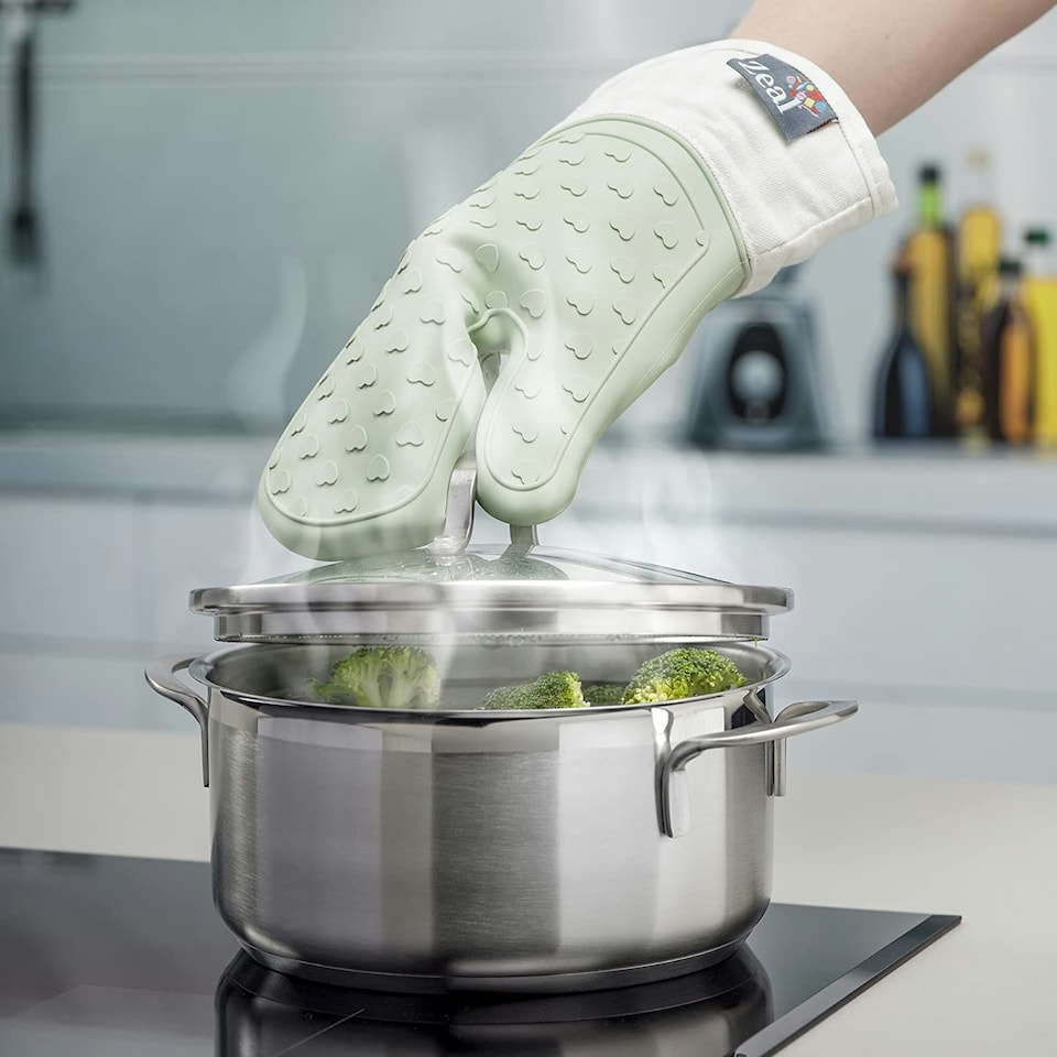 image 1 of Steam Stop™ Silicone Single Oven Glove, Gingham Green | Sage Green