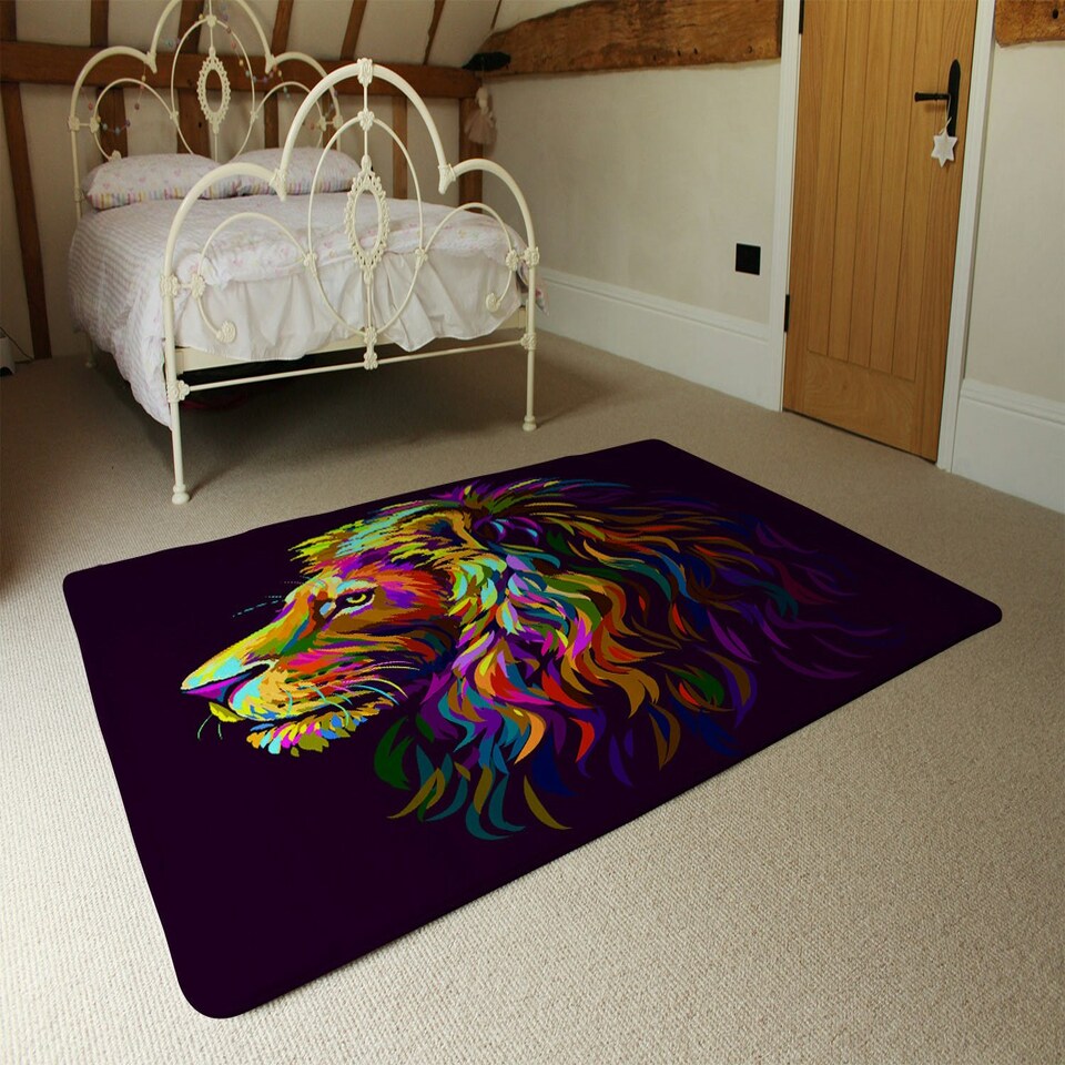 image 1 of Abstract, multicolored profile portrait of a lion's head on a purple background in popart style (Rug) Multi | M