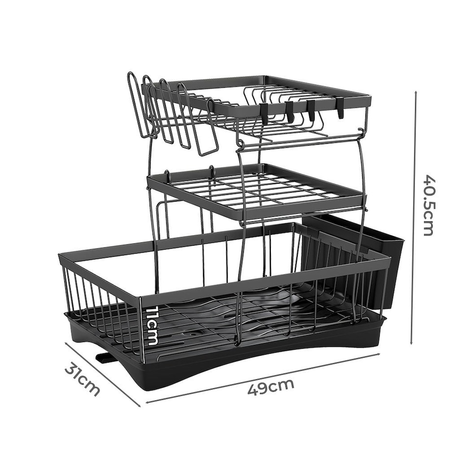 image 1 of Toque Dish Drying Drainer Rack 3 Tier with Drip Tray Plate Cup Cutlery Holder Black | Black