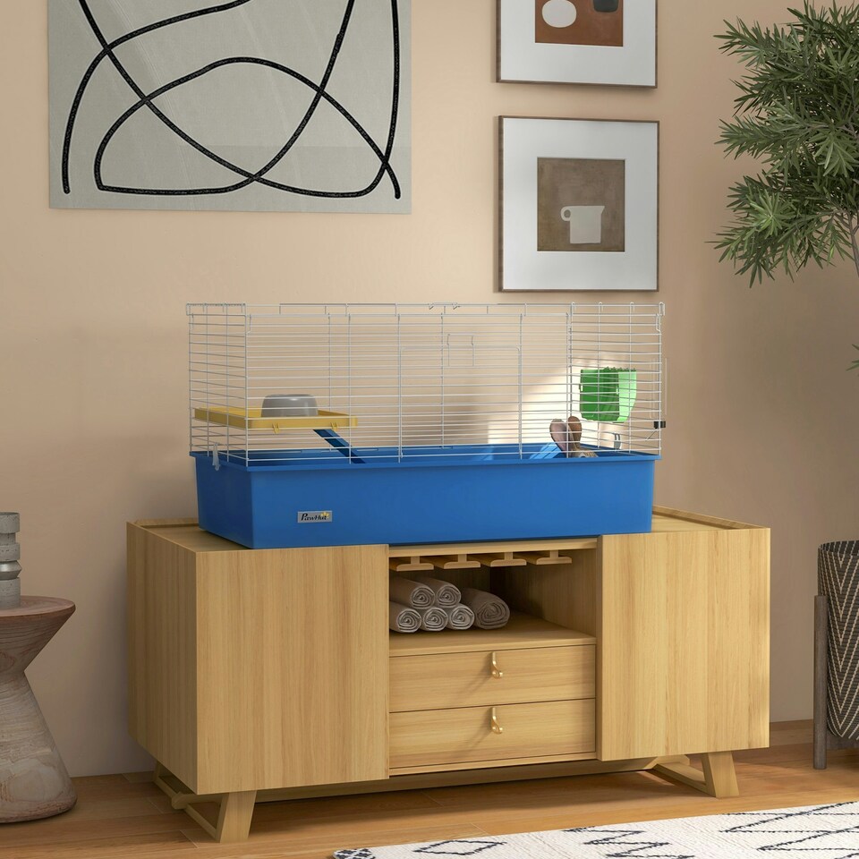 image 1 of PawHut Small Animal Cage, Rabbit Guinea Pig Hutch, Pet Playhouse, Blue