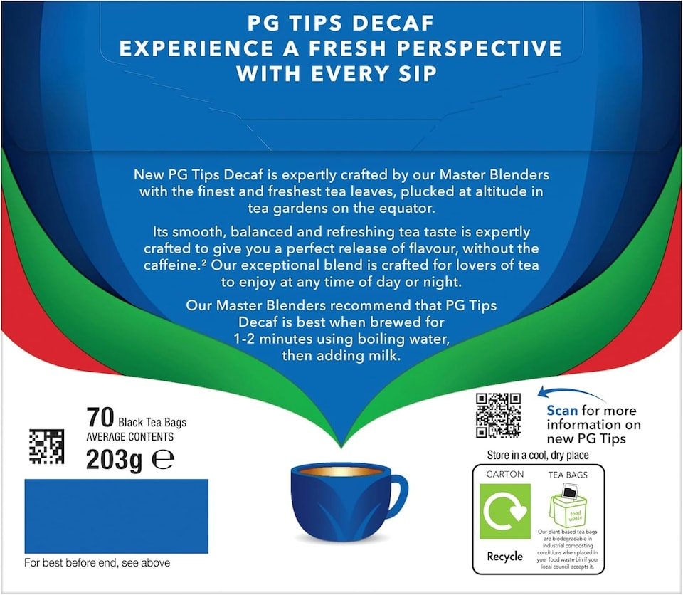 image 1 of PG Tips Decaf Black Tea Bags, Indulgent, Velvety & Rich Black Tea, Perfect Flavour Release, 6 Packs, 420 Plant Based Biodegradable Tea Bags | Blue | Black Tea