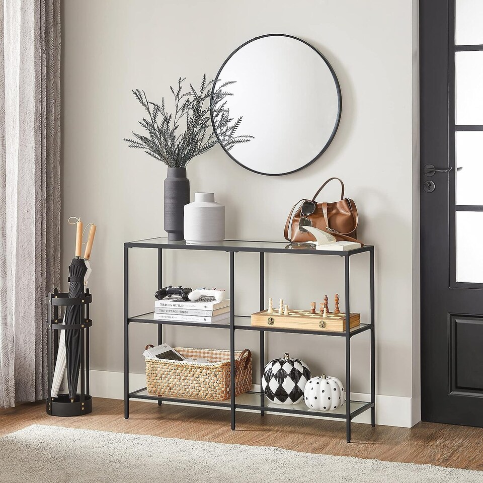 image 1 of 3-Tier Glass Console Table with Steel Frame, Hallway and Living Room Storage Table, Black
