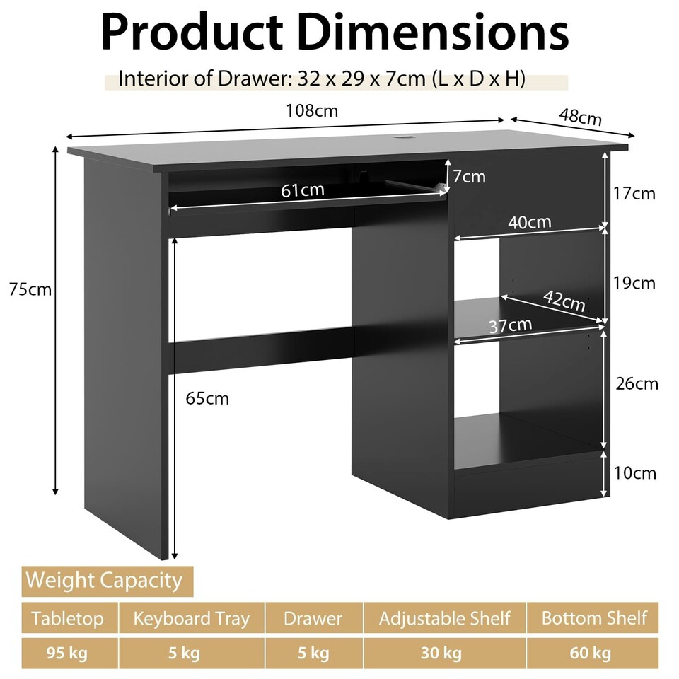 image 1 of COSTWAY Computer Desk Workstation Laptop Table w/Drawer Black Black
