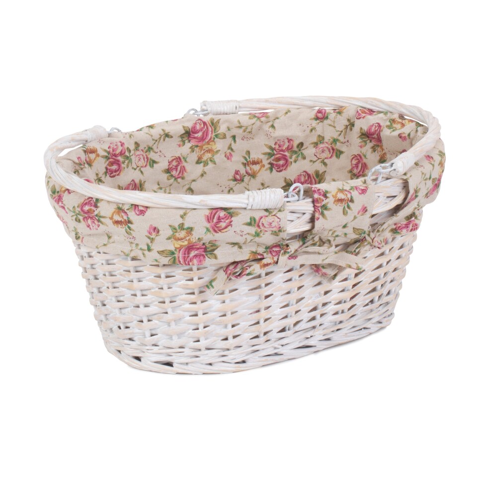 image 1 of Medium White Swing Handle Wicker Shopper with Garden Rose Lining | Multi | Garden Rose