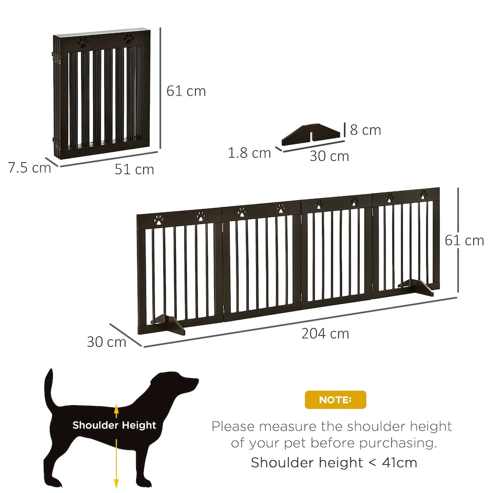 image 1 of PawHut Pet Gate 4 Panel Wooden Dog Barrier Folding Fence w/ Support Feet
