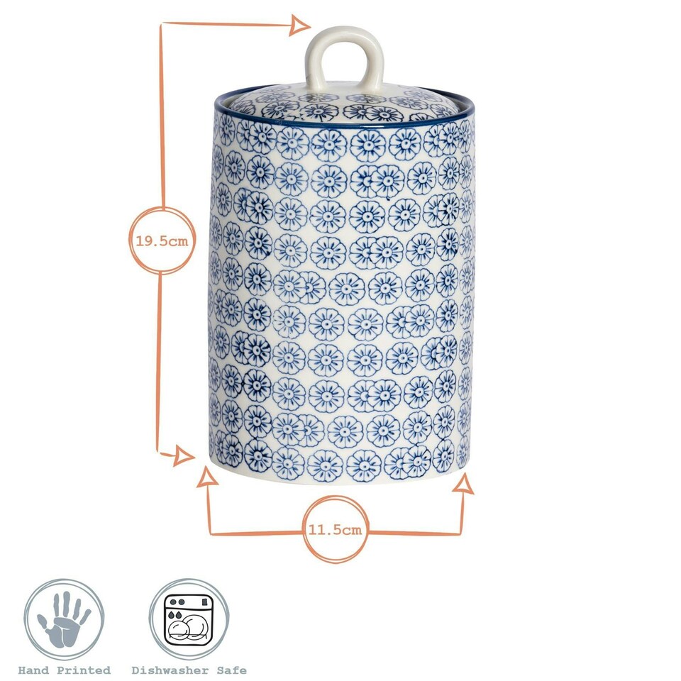 image 1 of Nicola Spring Hand-Printed Kitchen Canister - 1 Litre - Blue