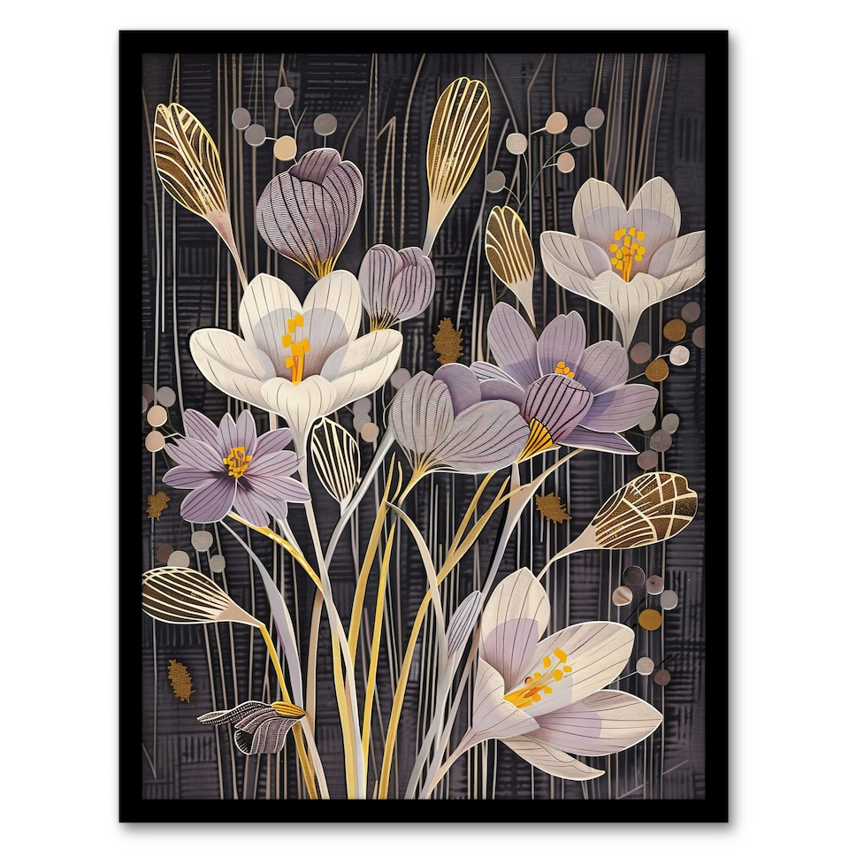 image 1 of Purple Crocus Flowers Bloom Floral Living Room Black Framed Wall Art Print A4
