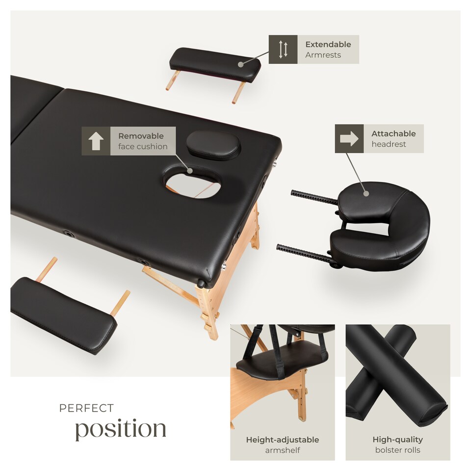 image 1 of Massage Table - 2-zones with wooden frame, bolsters, carry bag, head and armrests | Black | black | 1