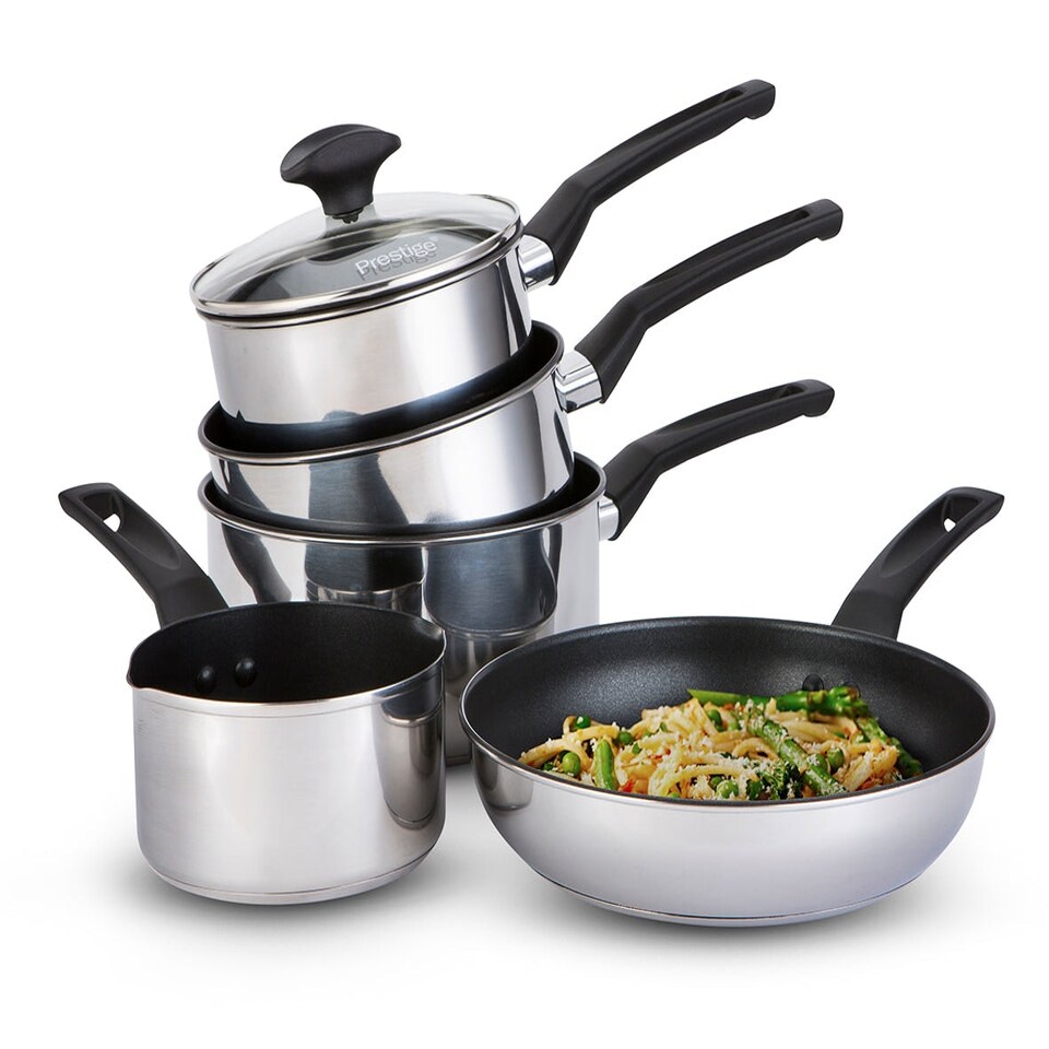 image 1 of Prestige 9 X Tougher: Non-Stick Stainless Steel Saucepans & Lid, Frying Pan, Milk Pan Set - 5 Pieces