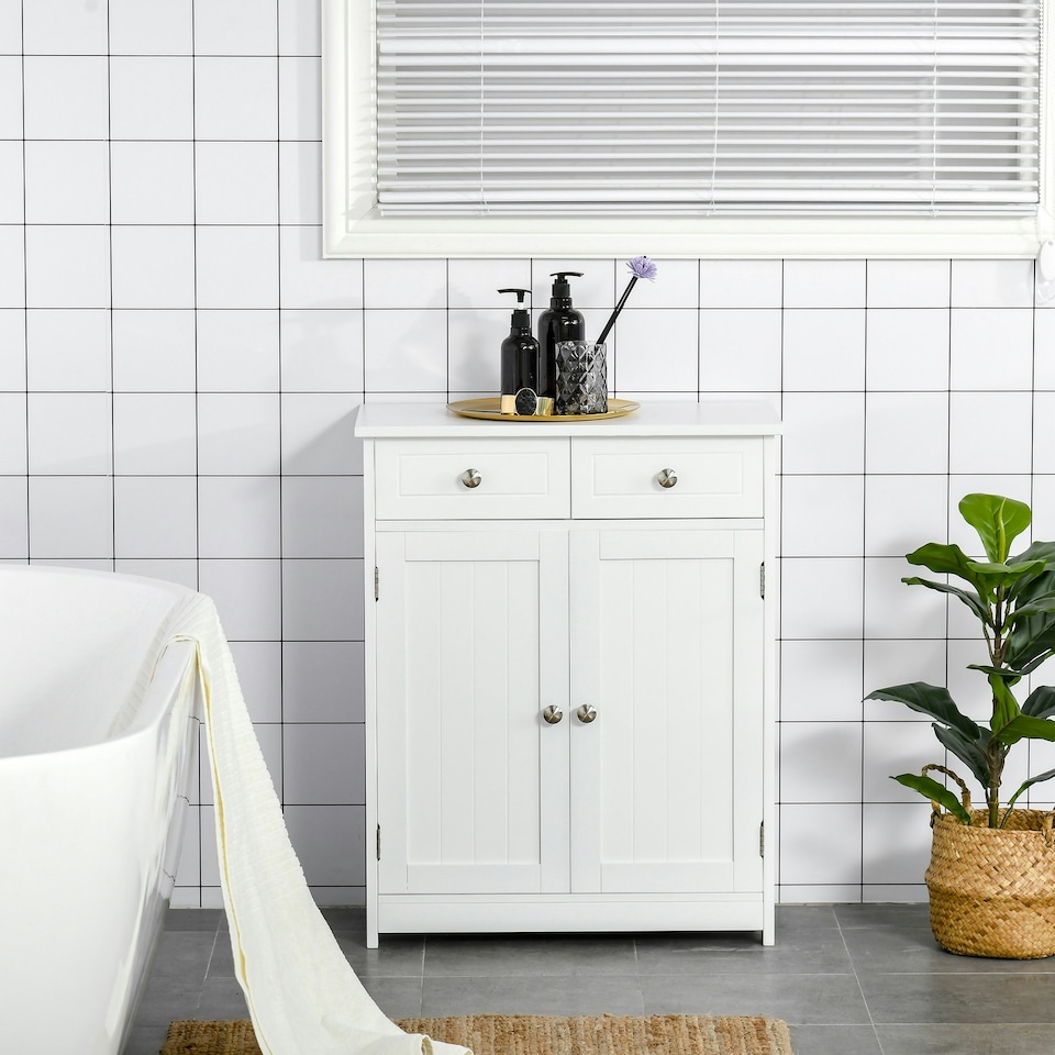 image 1 of kleankin Bathroom Floor Storage Cabinet w/ 2 Drawers Door Cupboard White