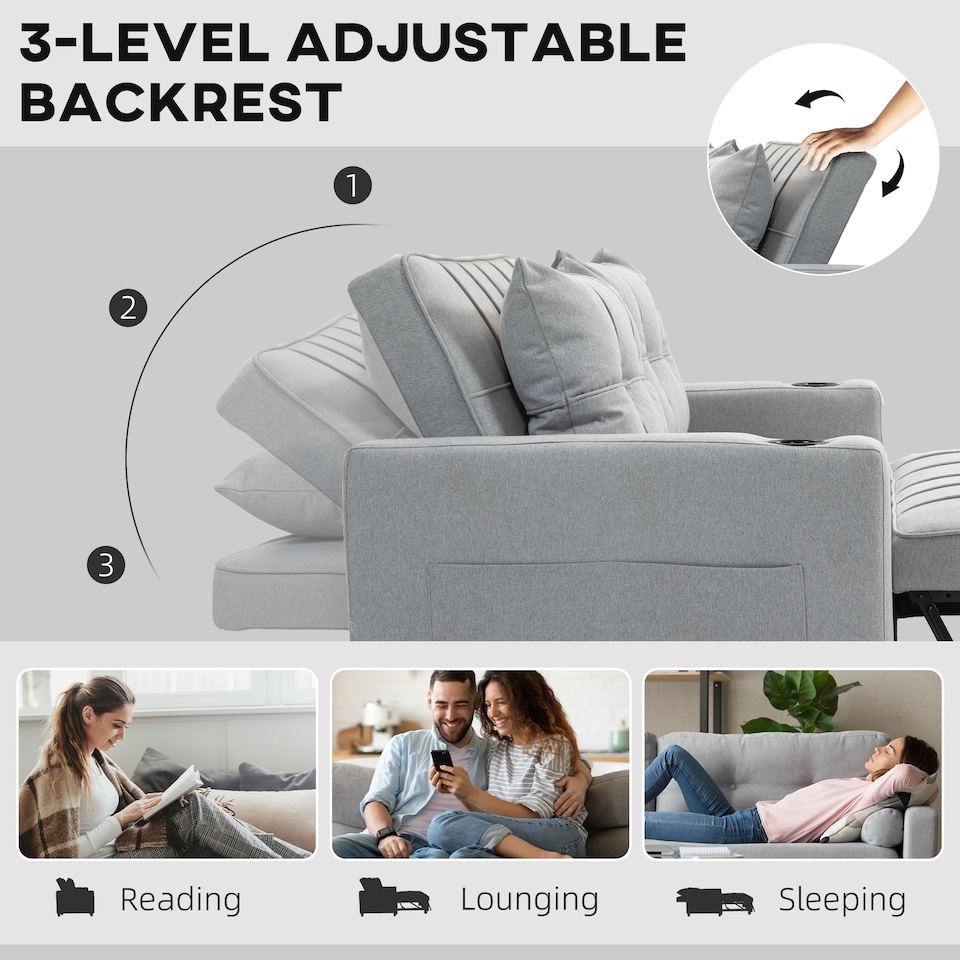 image 1 of HOMCOM 2 Seater Sofa Bed, Linen Click Clack Sleeper Sofa with Pull Out Design, 2 Pillows, Cup Holders, Side Pockets, Convertible Loveseat Bed Settee for Living Room, 157x190cm, Light Grey | Grey