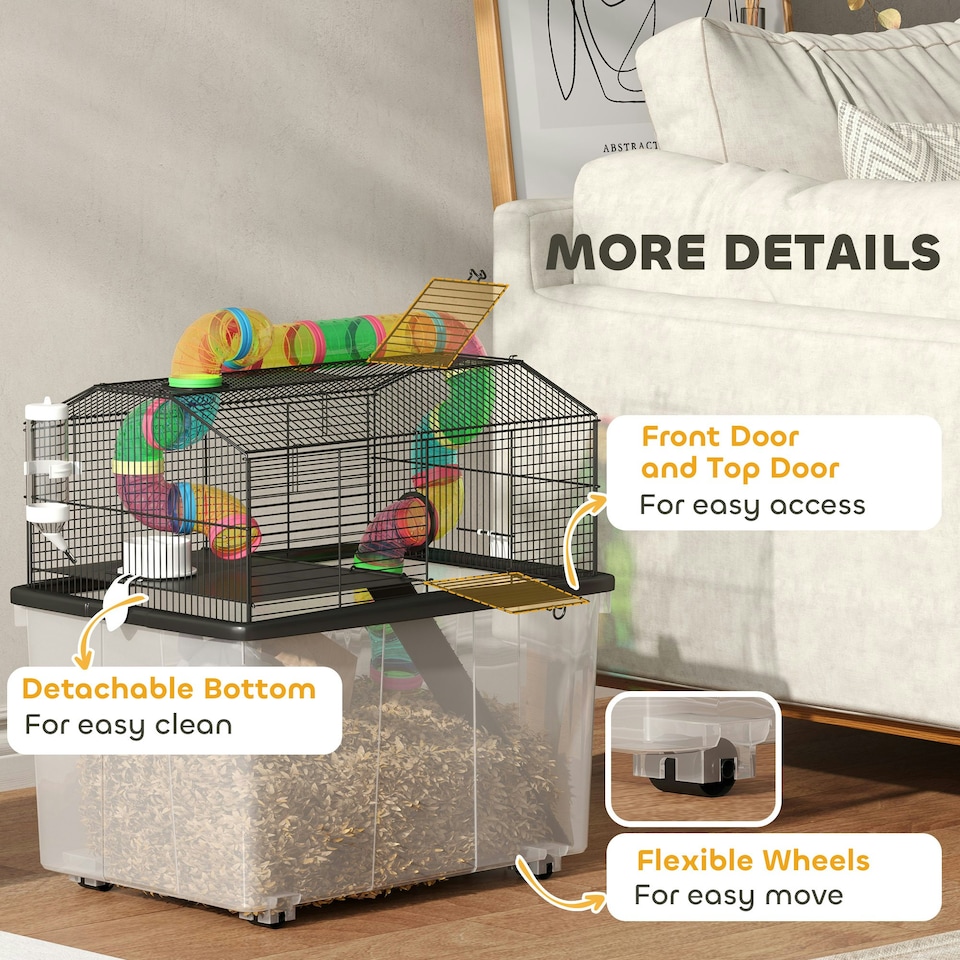 image 1 of PawHut Hamster Cage with 31cm Deep Tray, Tube, 58 x 43 x 57cm