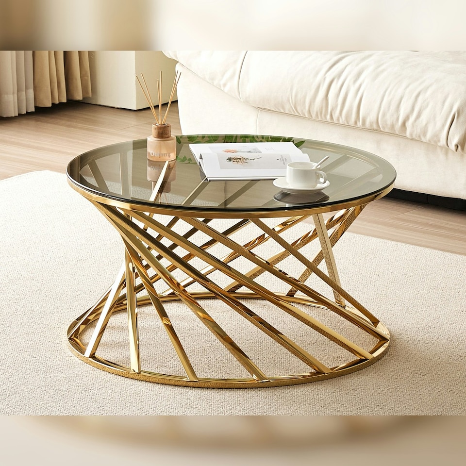 image 1 of Round Metal Coffee Table With Tinted Glass  In Gold
