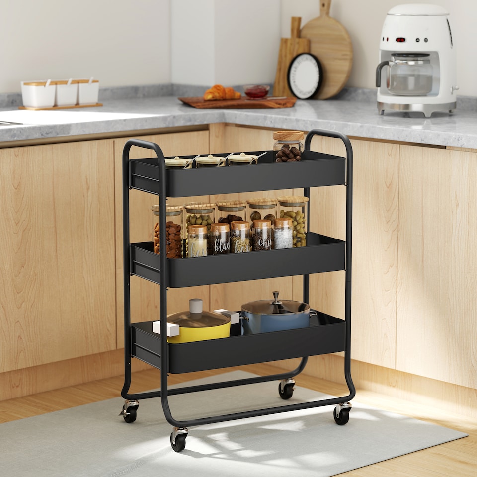 image 1 of HOMCOM 3-Tier Storage Trolley on Wheels, Rolling Utility Cart with Mesh Backets, Mobile Storage Cart for Kitchen, Bathroom, Bedroom, Black | Black | Black