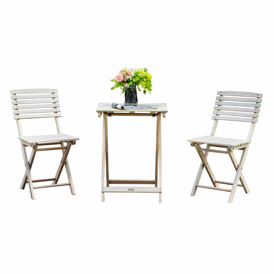 image 1 of Direct Wicker Foldable Acacia Wood Bistro Set, Sanded Natural Finish, Compact Folding Square Table Chairs Set