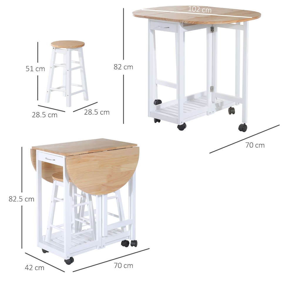 image 1 of HOMCOM 3 Pieces Dining Room Set, Mobile Foldable Dining Table and 2 Stools with Storage Shelf, 2 Drawers and 6 Wheels, Drop Leaf Bar Table and Stools for Home Kitchen Pub, White