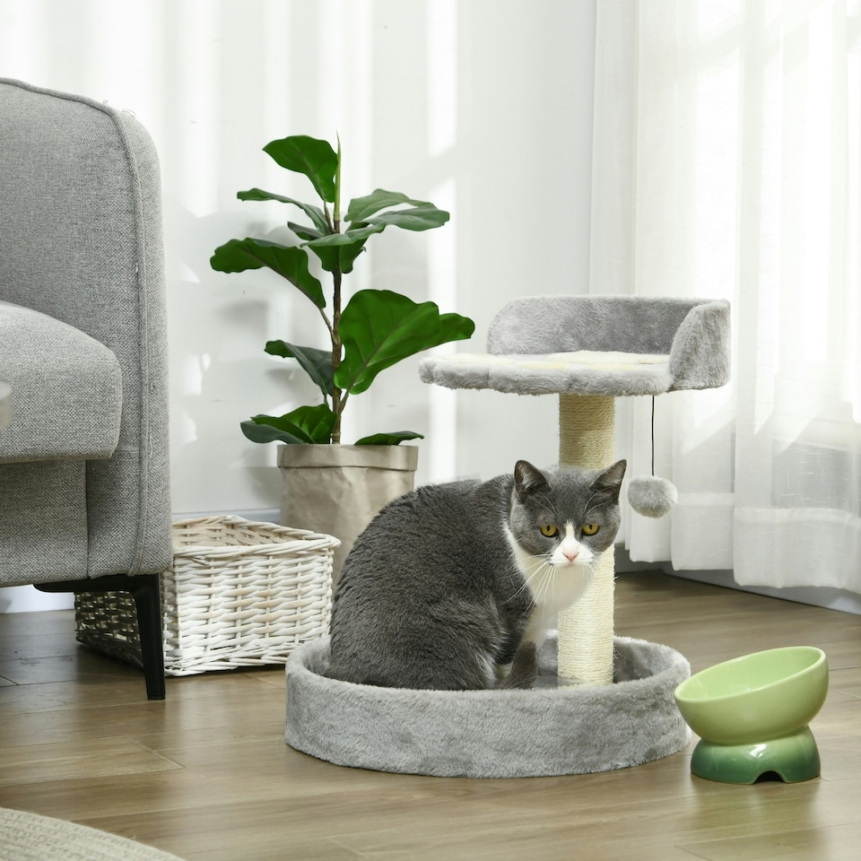 image 1 of PawHut 44cm Cat Tree Tower with Scratch Post, Platforms, Ball, Light Grey