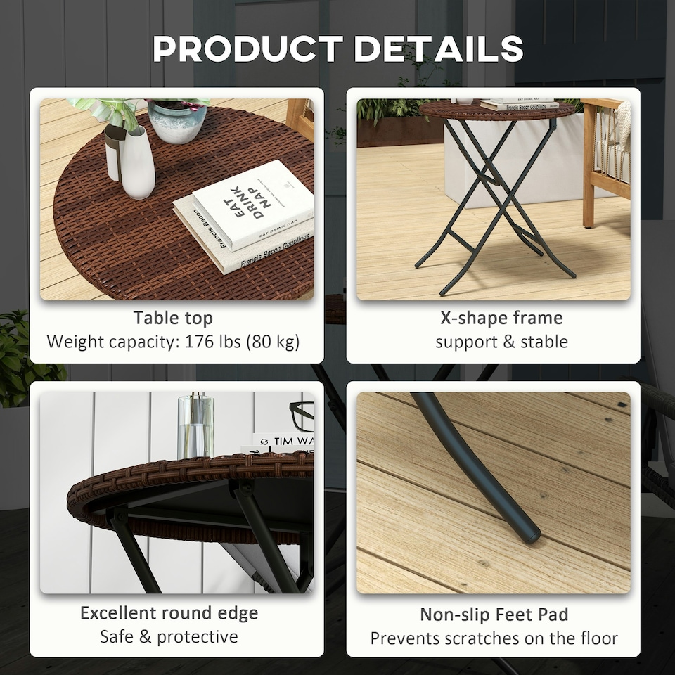 image 1 of Outsunny Foldable Outdoor Coffee Table, Metal Frame Rattan Side Table, Brown