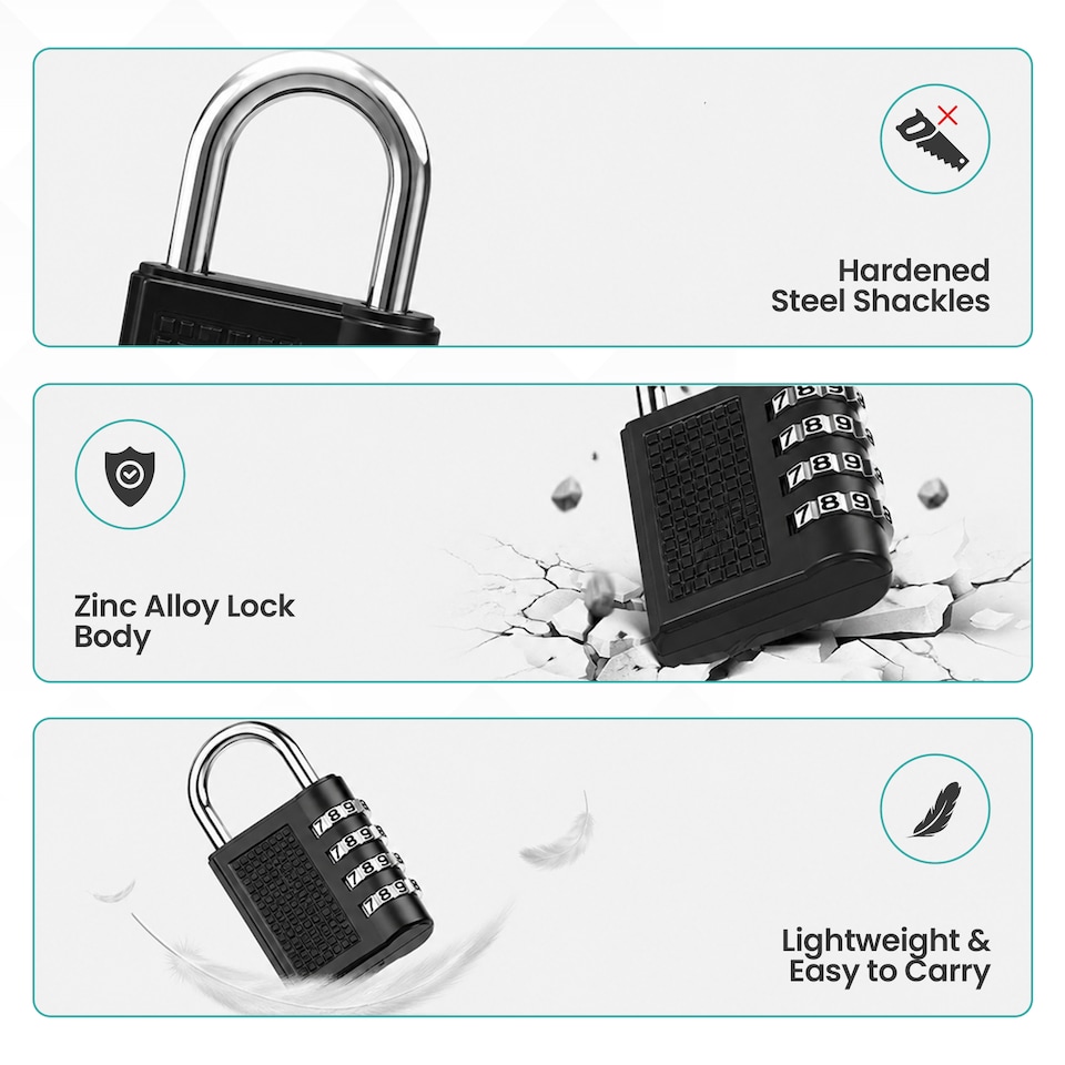 image 1 of 4-Digit Coded Padlock, Black Heavy-Duty Combination Padlock - 2pcs