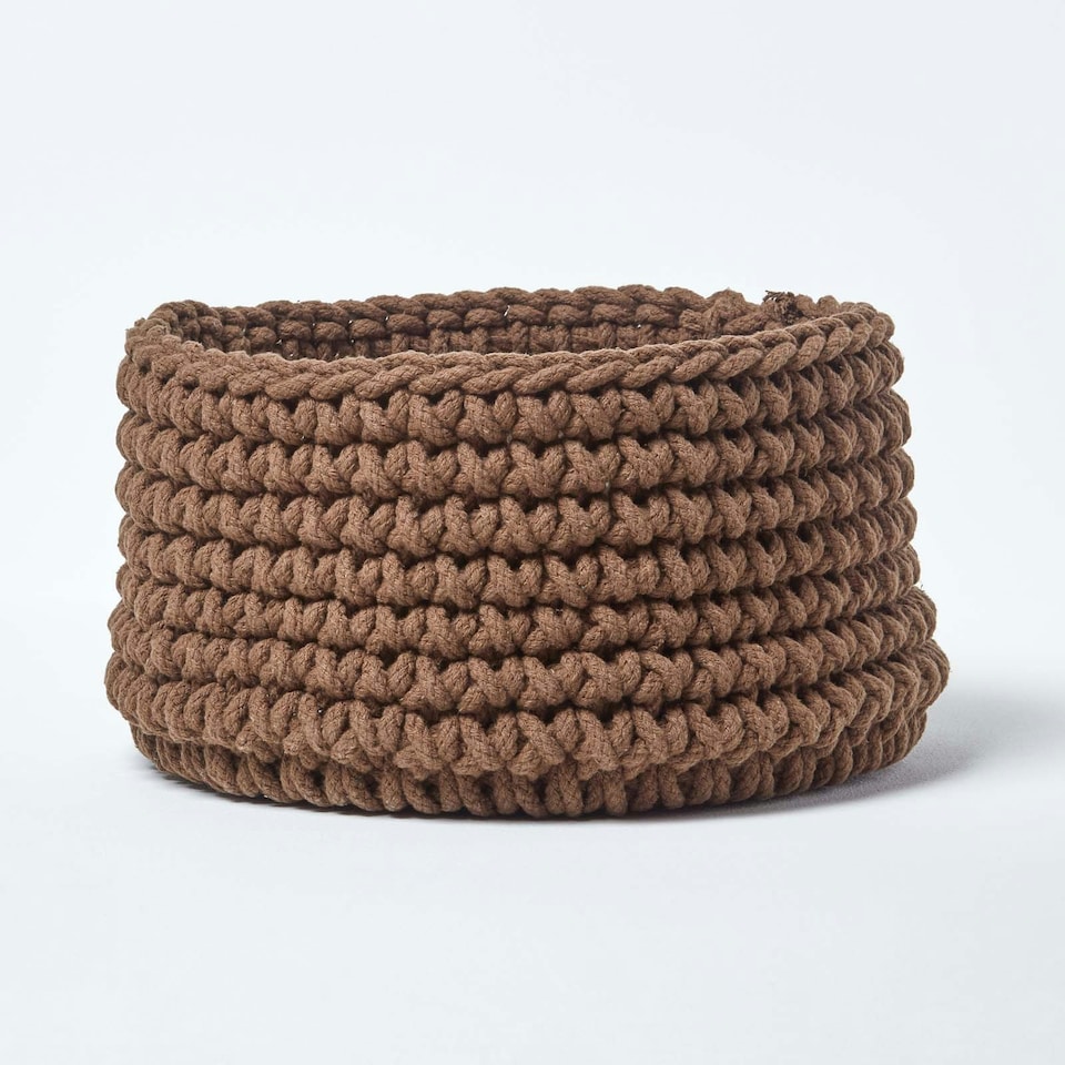 image 1 of Homescapes Chocolate Cotton Knitted Round Storage Basket - 37 x 21cm Brown | M
