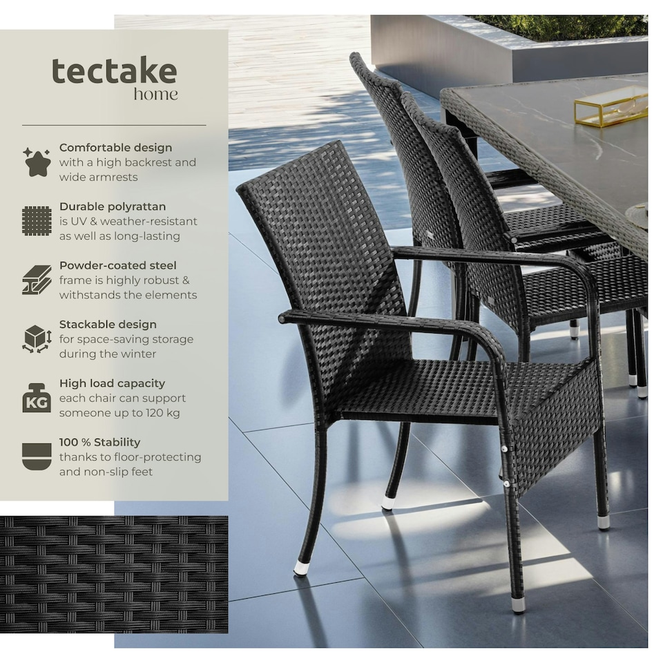 image 1 of Garden Chair Girona - polyrattan & steel, weather & sun resistant, stackable - Set of 2 Black