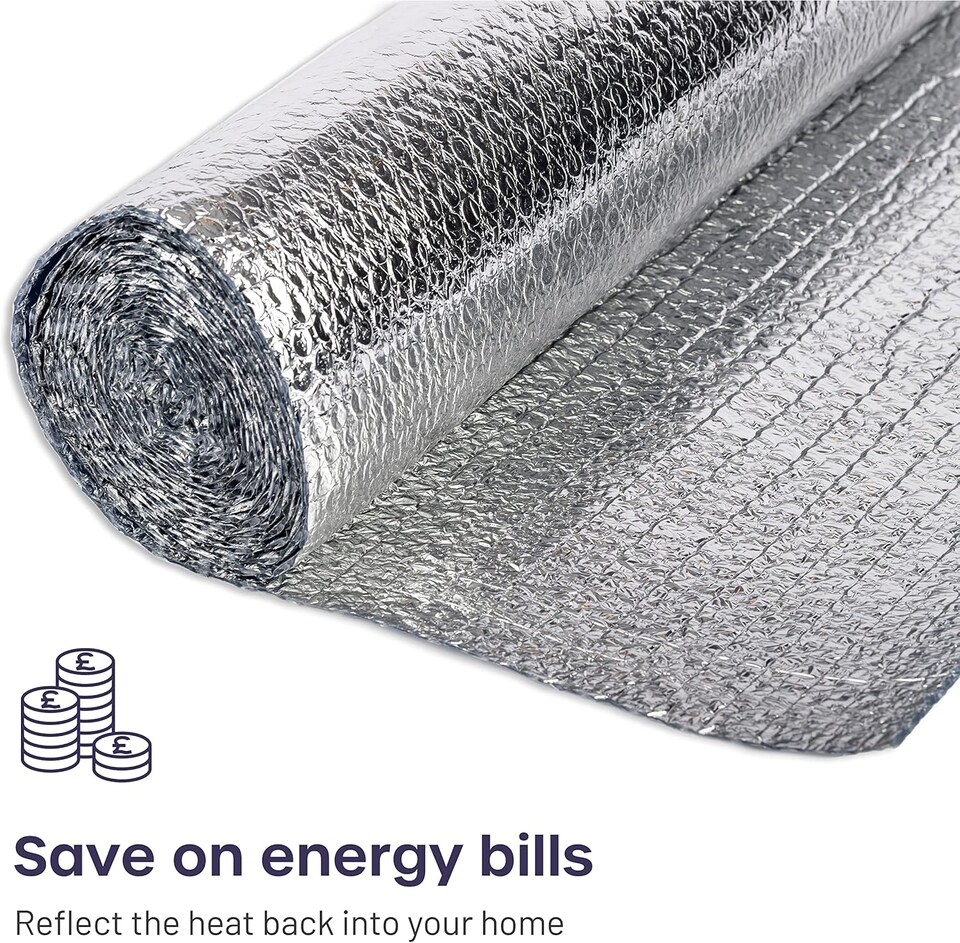 image 1 of Radiator Foil Insulation Roll Reflector Panels - Energy Saving Radiator Heat Deflector for Home Heating | Silver | 10m x 60cm - Roll | 1
