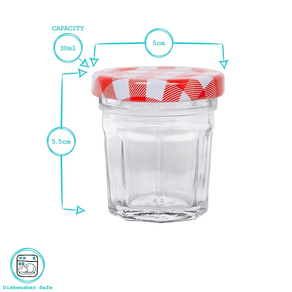 image 1 of Argon Tableware Glass Jam Jars with Blue Gingham Lids - 30ml - Pack of 6