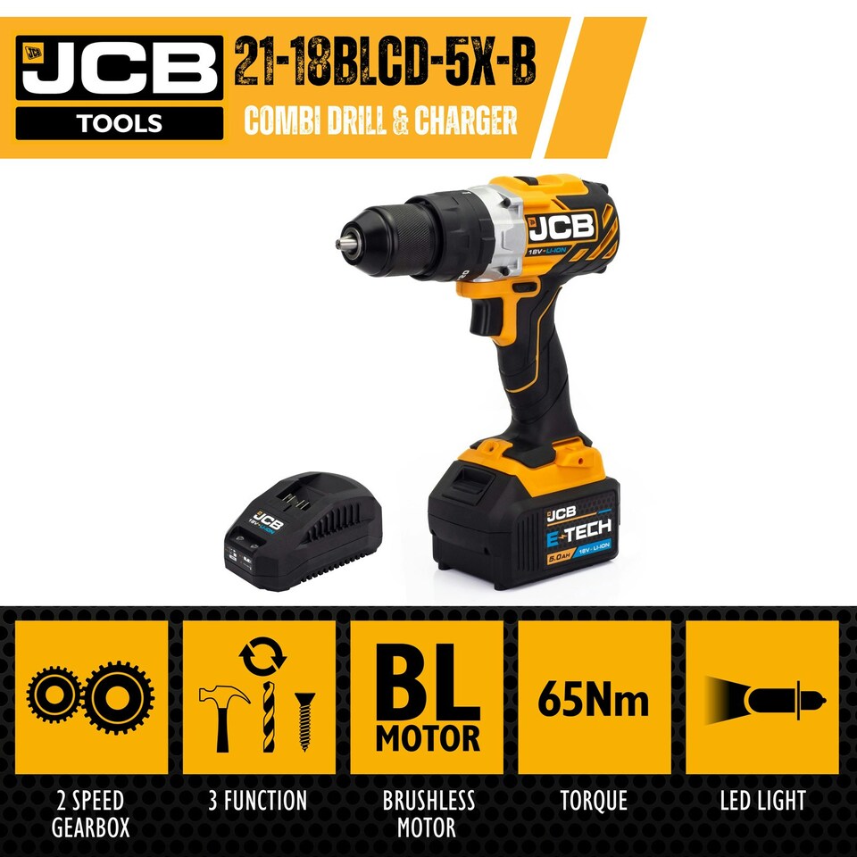 image 1 of JCB 18V 65Nm Brushless, Variable Speed Combi Drill with 5.0Ah Li-ion Battery & 2.4A Charger | JCB-18BLCD-5X-B