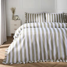 OHS Stripe Print Frill Edge Soft Duvet Cover Bedding Set | Green | Sage | Double