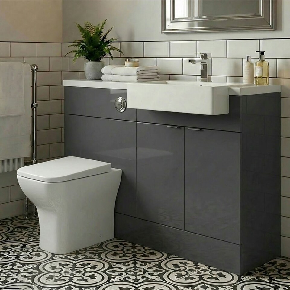 image 1 of Balterley Alrewas Contemporary 2 Door Right-Hand Floor Standing Combination Unit with Basin, Gloss Grey, 1000mm