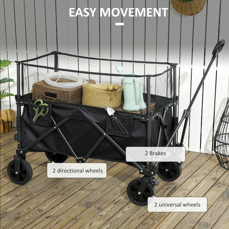 image 1 of Outsunny 180L Folding Garden Trolley Wagon Cart w/ Extendable Side Walls, Black