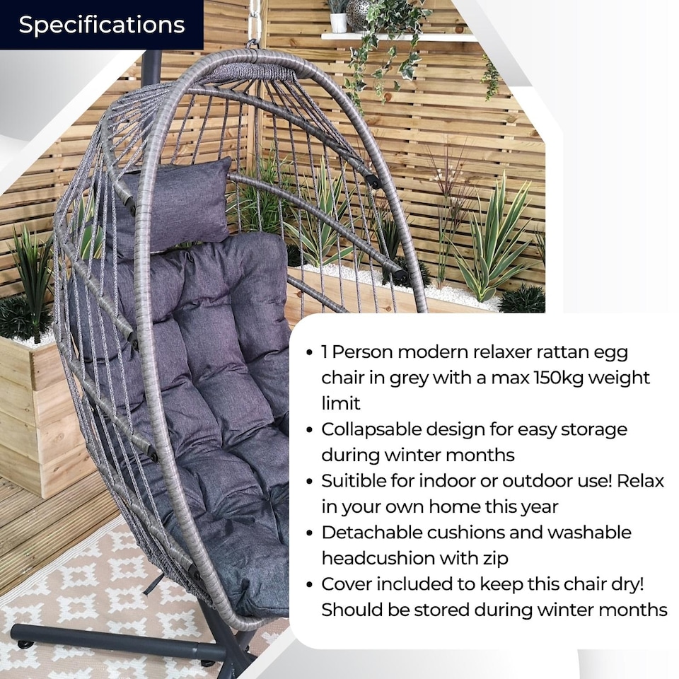 image 1 of Grey Hanging Egg Chair With Stand & Waterproof Cover | Grey | Grey