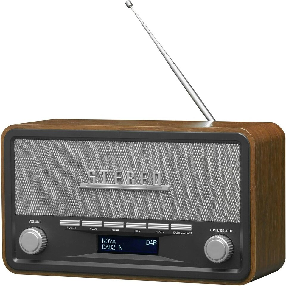 image 1 of Vintage Style Stereo DAB/DAB+ & FM Radio – Grey Wood Cabinet, Bluetooth, Clock Radio Alarm, AUX IN for Smart Phone/Tablet / MP3 Player – Mains or Battery