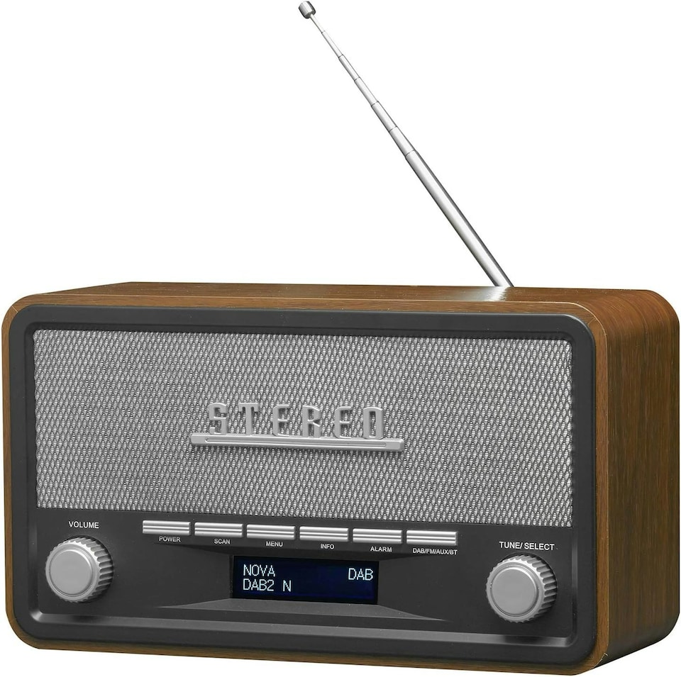 image 1 of Vintage Style Stereo DAB/DAB+ & FM Radio – Grey Wood Cabinet, Bluetooth, Clock Radio Alarm, AUX IN for Smart Phone/Tablet / MP3 Player – Mains or Battery