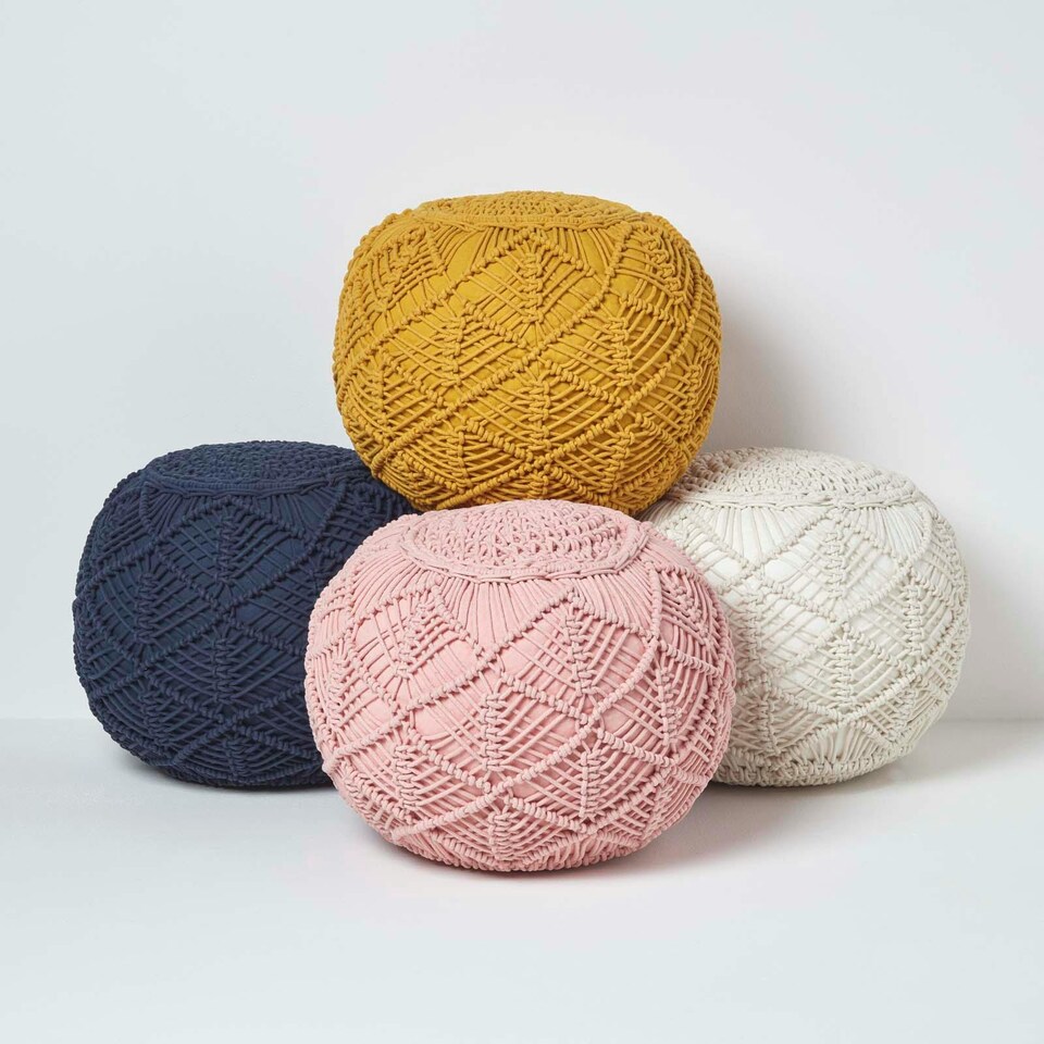 image 1 of Homescapes Mustard Macrame Knitted Pouffe - 40 x 50 cm