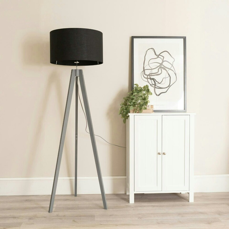 image 1 of ValueLights Jackson Grey Wood Tripod Floor Lamp with Black Fabric Lamp Shade