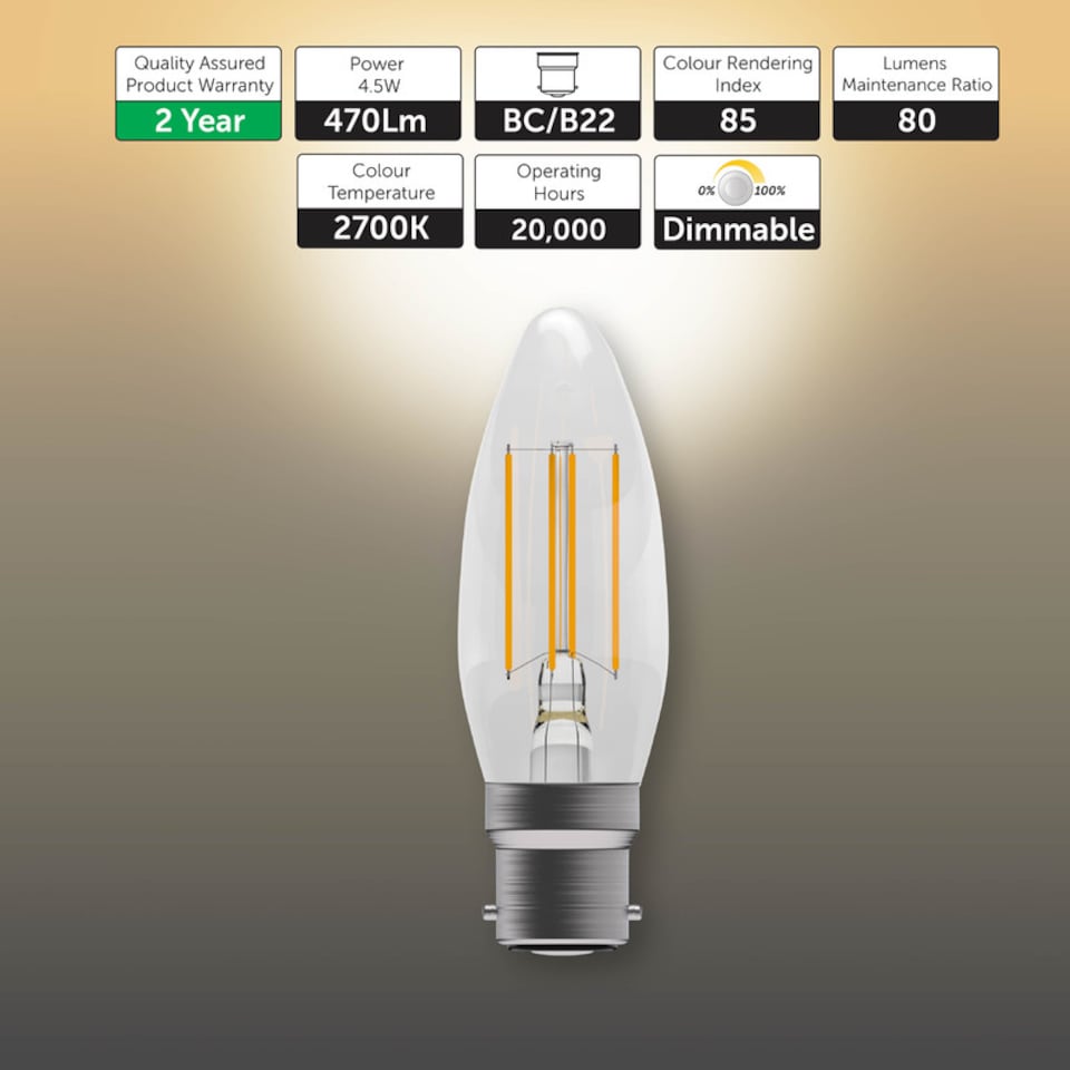 image 1 of BELL Lighting B22 Bayonet Dimmable LED Filament Candle Warm White 2700K 4.5W Light Bulb