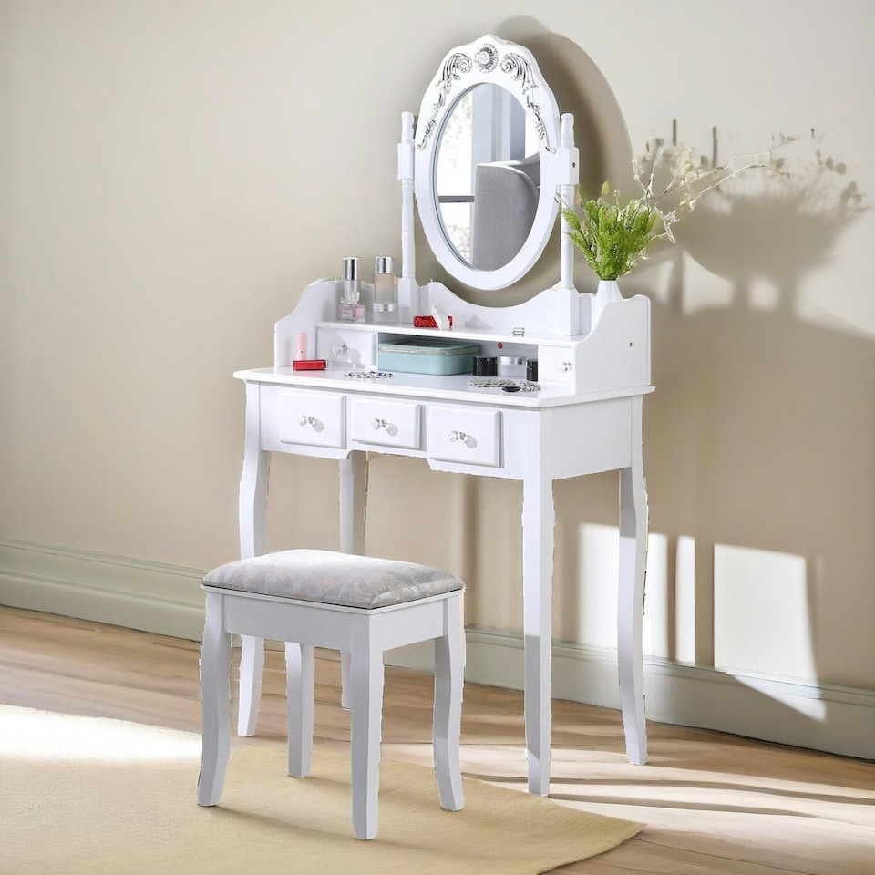 image 1 of 5 Drawer White Dressing Table With Round Mirror And Stool White