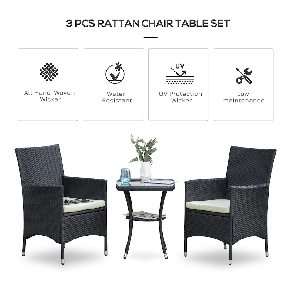 image 1 of Outsunny Rattan Bistro Set Garden Chair Table Patio Outdoor, Black